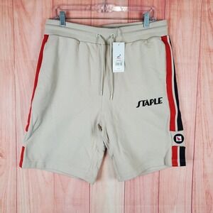 Staple Raceway Shorts Mens Large Beige‎ Logo Cotton Fleece Lined Drawstring